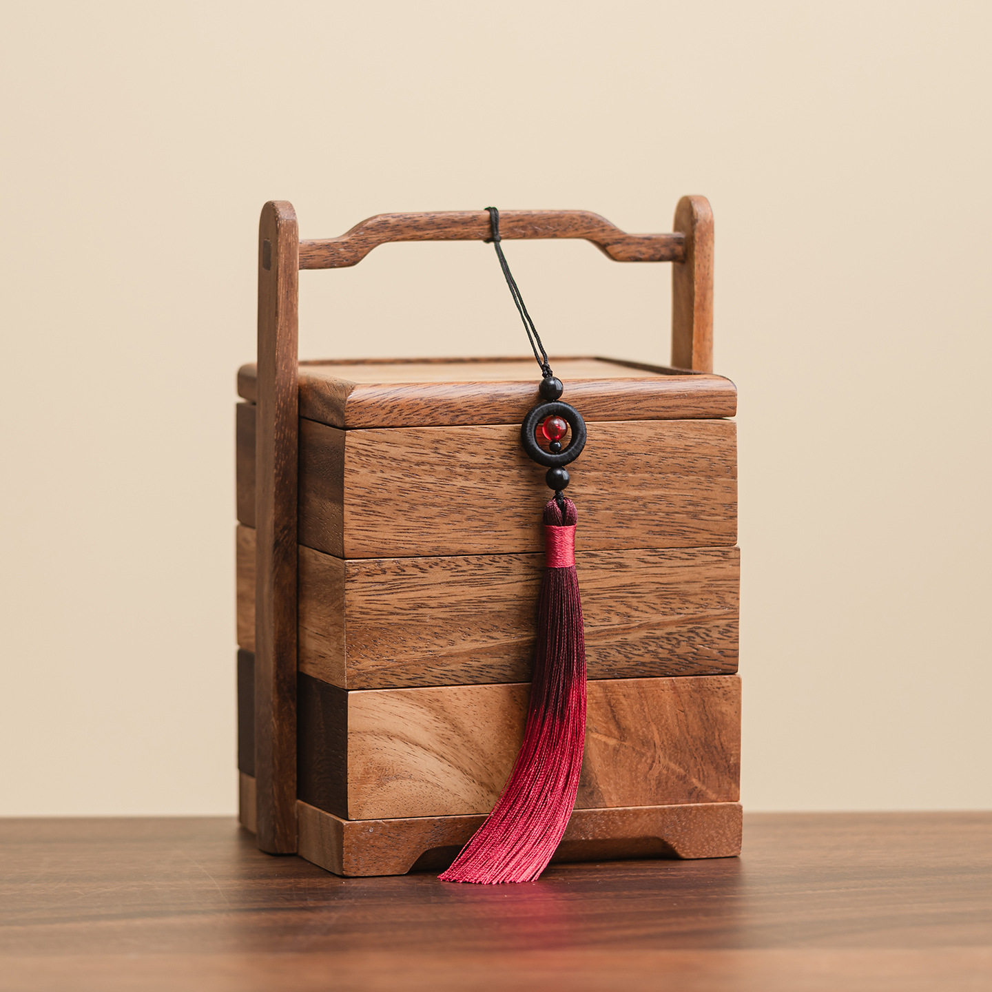 南美胡桃木三层手提篮坚果糖果盒中式简约茶点干果收纳盘便携多格