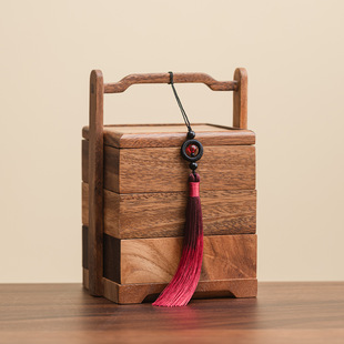 南美胡桃木三层手提篮坚果糖果盒中式简约茶点干果收纳盘便携多格