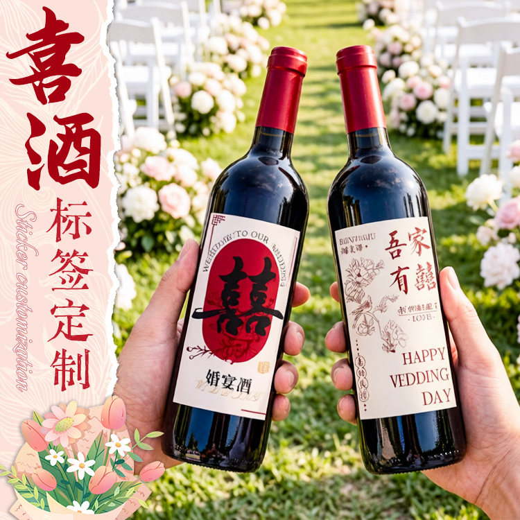 喜酒不干胶标签定制婚庆婚宴白酒商标贴纸红酒瓶贴礼盒封口贴