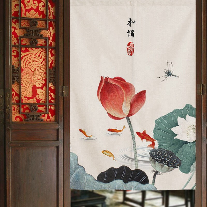 荷花莲花门帘中式布帘隔断帘客厅房间门口装饰家用挂帘半帘浴室卫