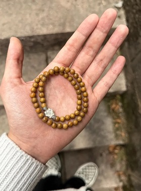 新中式天然绿檀木双圈手串银莲花