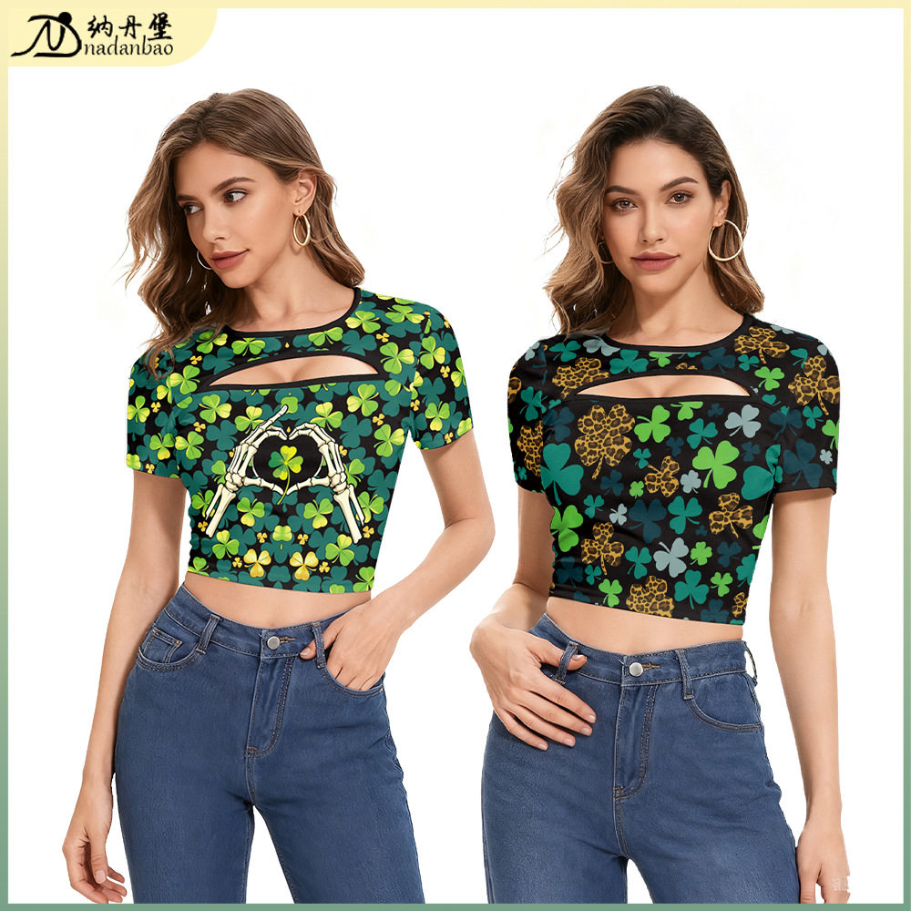 新品女装爱尔兰圣帕特里克节女式t恤数码印花短款修身宽松短袖衫
