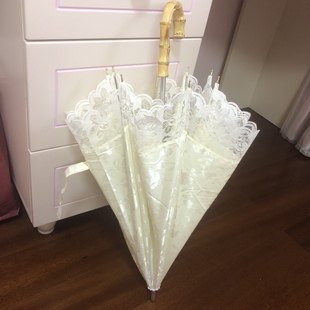 日系ins小清新米黄色烧花棉麻拼接蕾丝太阳伞手动伸缩钢骨竹手柄