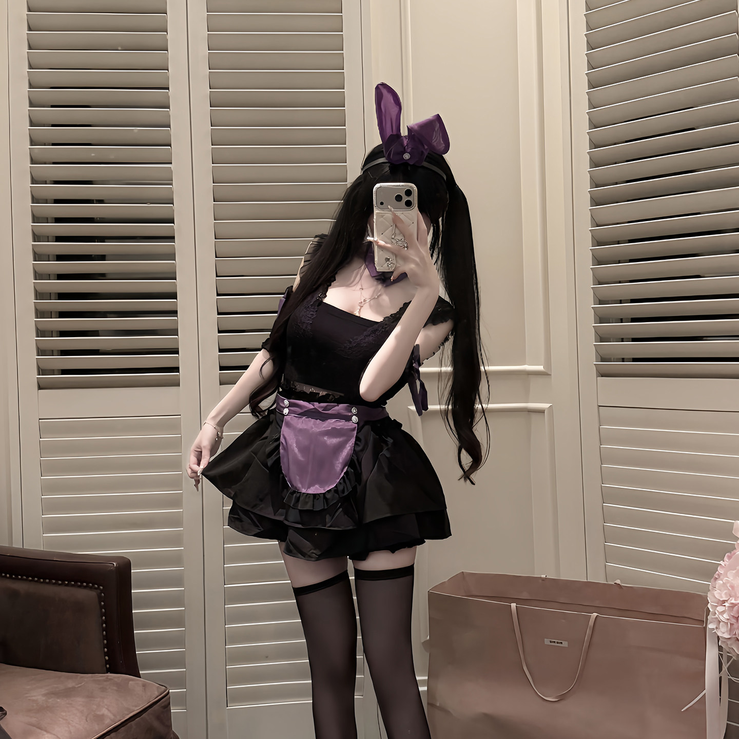 女仆女装cos兔女郎制服套装外穿小厨娘qqny深V约会装性感连衣裙