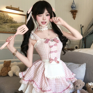 女仆女装cos套装约会战袍粉色格纹原版法式甜美性感吊带连衣裙