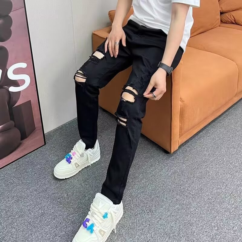 破洞牛仔裤男夏季弹力修身小脚裤子韩版潮流百搭显瘦小脚裤子