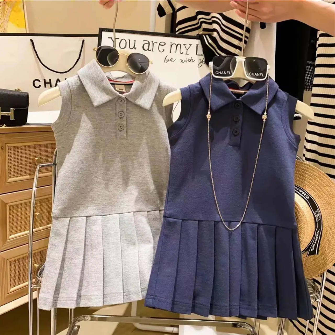 女童连衣裙夏季2025新款洋气学院风无袖百褶裙Polo裙儿童公主