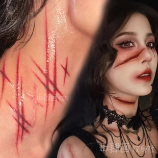 万圣节刀疤假伤疤脸妆纹身仿真伤口抓痕贴纸派对酒吧男女血滴恐怖