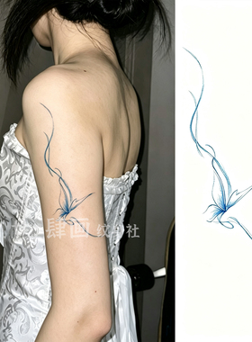 蓝色线条蝴蝶纹身贴女纯欲风女
