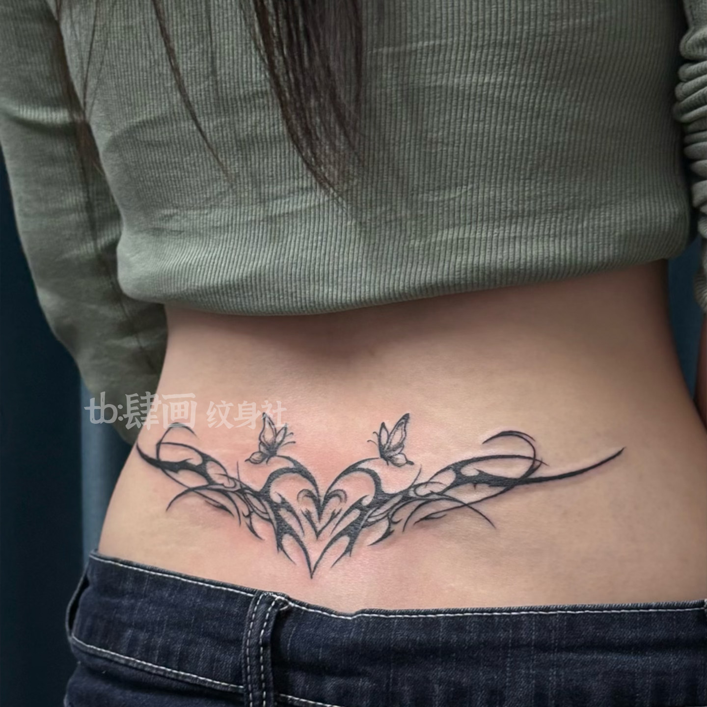 性感辣妹蝴蝶爱心草本果汁纹身贴暗黑霸气后腰图腾魅魔贴纸防水sm