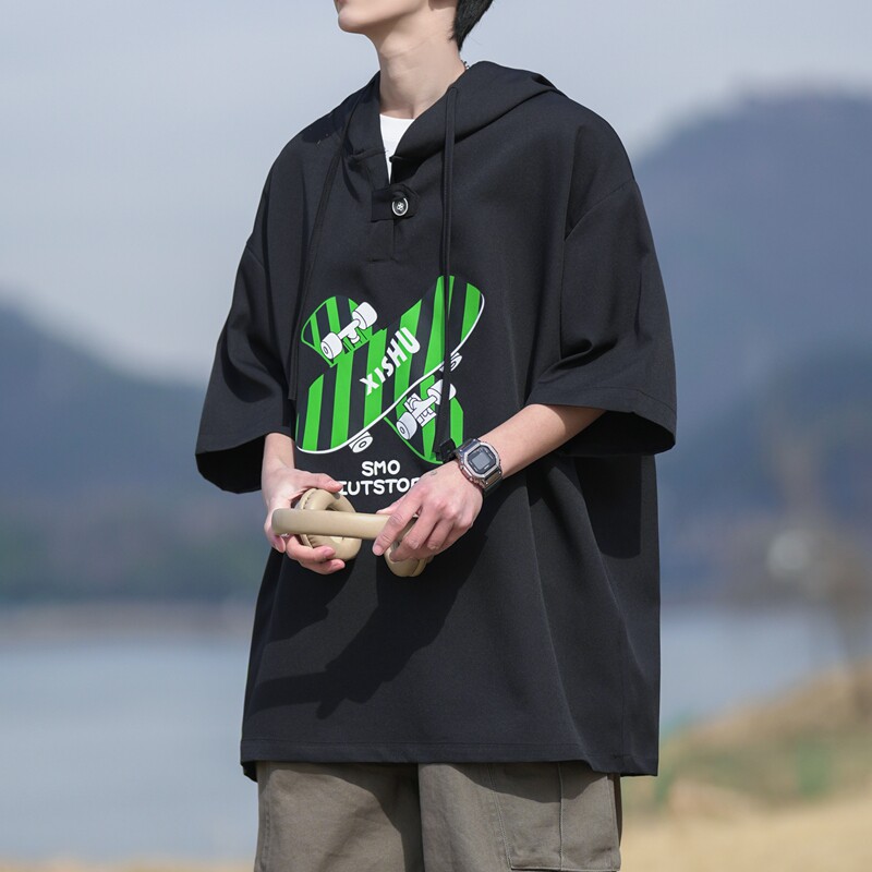 连帽短袖t恤男款夏季痞帅潮流宽松5分半袖帽衫卫衣外套潮牌上衣服