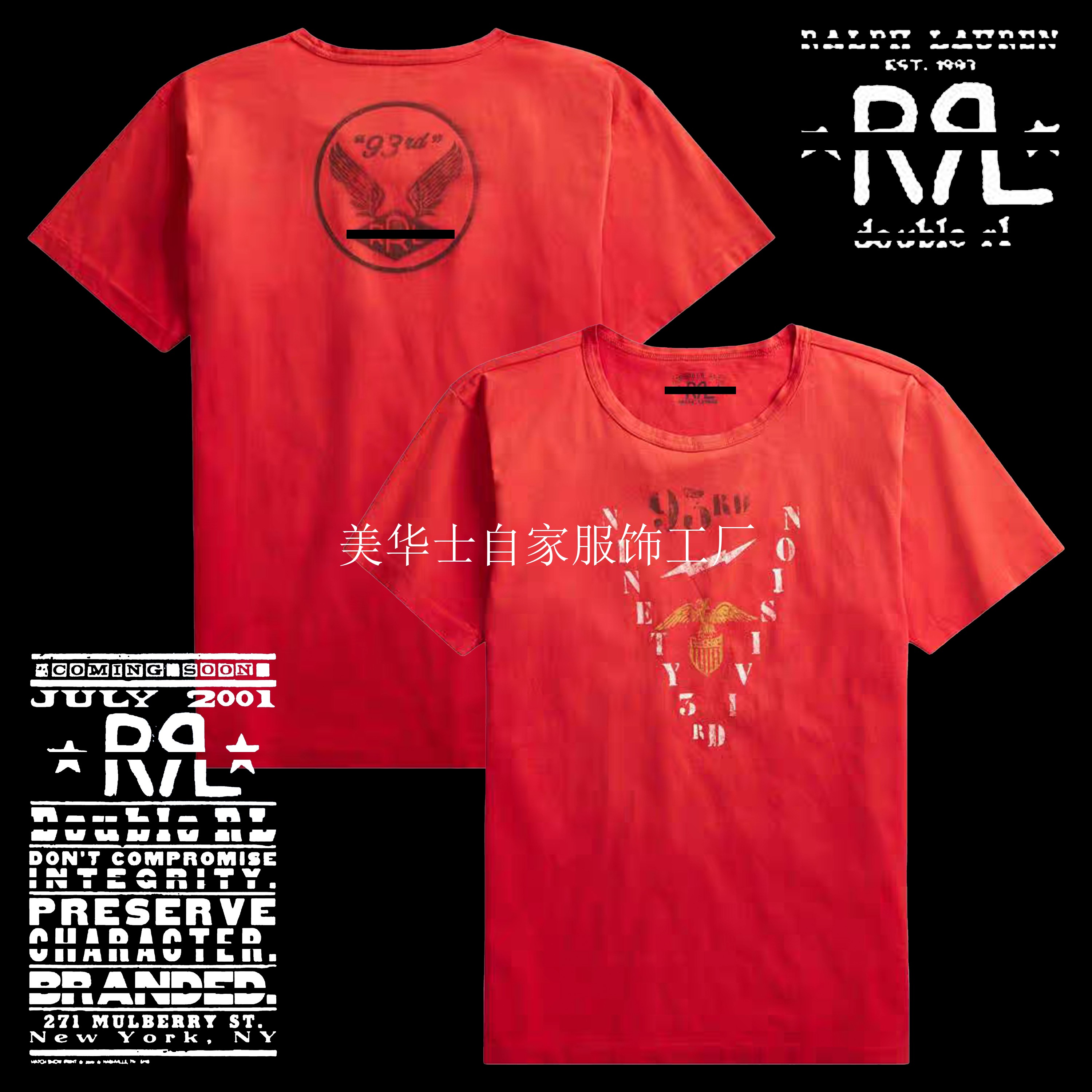 现货 双RL美式复古夏季空军老鹰印花做旧短袖阿美咔叽VintageT恤