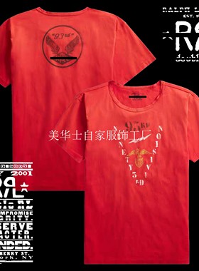 现货 双RL美式复古夏季空军老鹰印花做旧短袖阿美咔叽VintageT恤