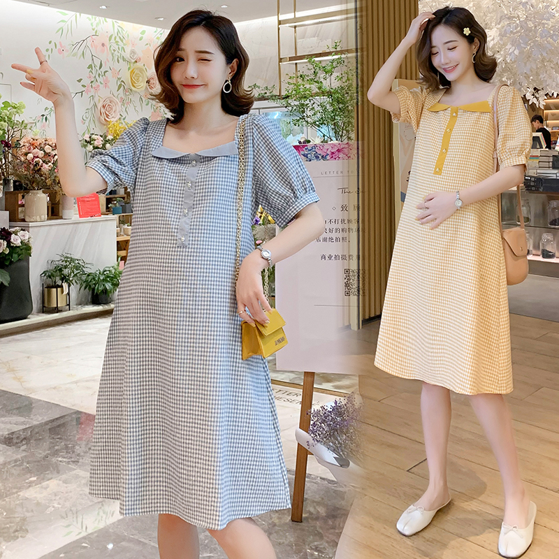 孕妈长裙潮妈格子撞色系带收腰方领短袖孕妇连衣裙庶肚子过膝裙|msdalam kategori Butik wanita / wanita, pakaian - dari Buy2taobao.com untuk memberikan perkhidmatan ejen Taobao profesional membeli