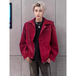 安可拉红短款皮衣外套男痞帅高级感美式高街内啡肽夹克情侣棒球服