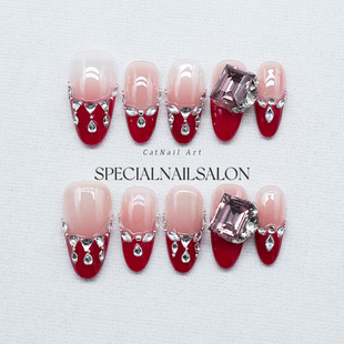 【红誓之约】纯手工穿戴甲法式爆闪钻饰过年款中杏仁高级感美甲片