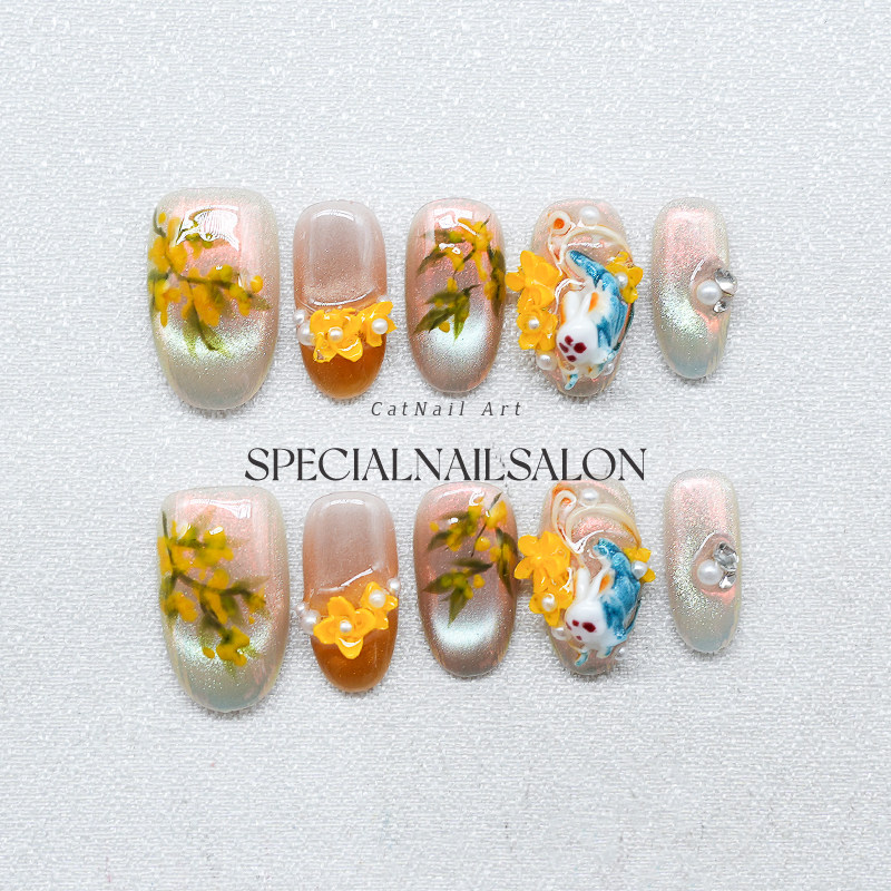 【桂影玉兔】纯手工穿戴甲25新款立体挂花手作玉兔高级感轻奢美甲,彩妆/香水/美妆工具,穿戴甲/甲片,淘宝优惠券,粉丝福利购,淘宝优惠卷