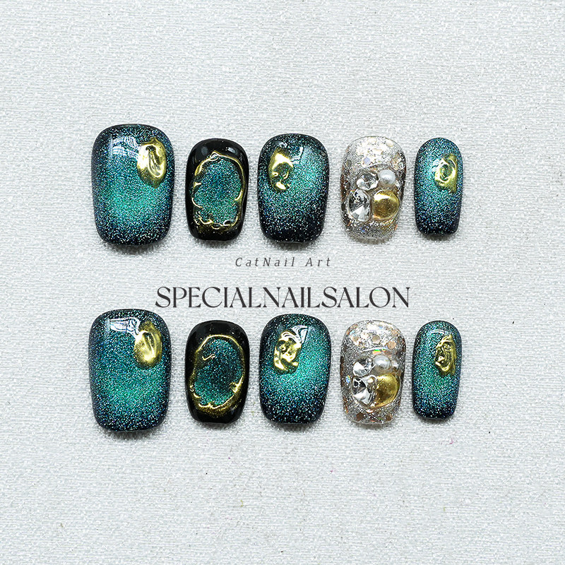 【星云冥辉】纯手工穿戴甲夏日晕染青绿2025新款高级感轻奢美甲片,彩妆/香水/美妆工具,穿戴甲/甲片,淘宝优惠券,粉丝福利购,淘宝优惠卷