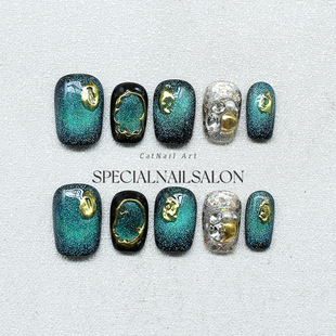 高级感轻奢美甲片 星云冥辉 纯手工穿戴甲夏日晕染青绿2025新款