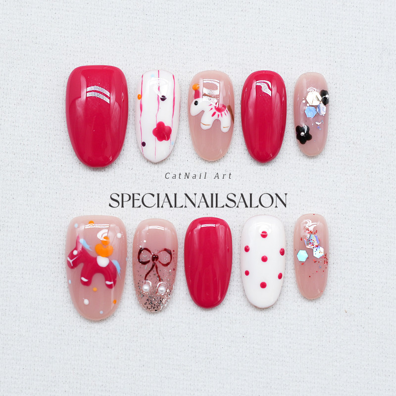 【马年开运】纯手工穿戴甲可爱新年款甜美高级感绝美精致短款美甲,彩妆/香水/美妆工具,穿戴甲/甲片,淘宝优惠券,粉丝福利购,淘宝优惠卷