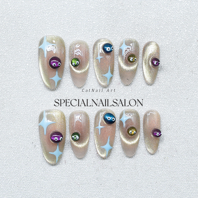 【星河萌探】纯手工穿戴甲可爱立体搞怪小眼睛个性小众高级感美甲