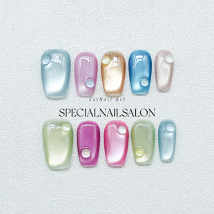 纯手工穿戴甲春夏马卡龙色气泡缤纷猫眼显白美甲贴片 夏日糖果