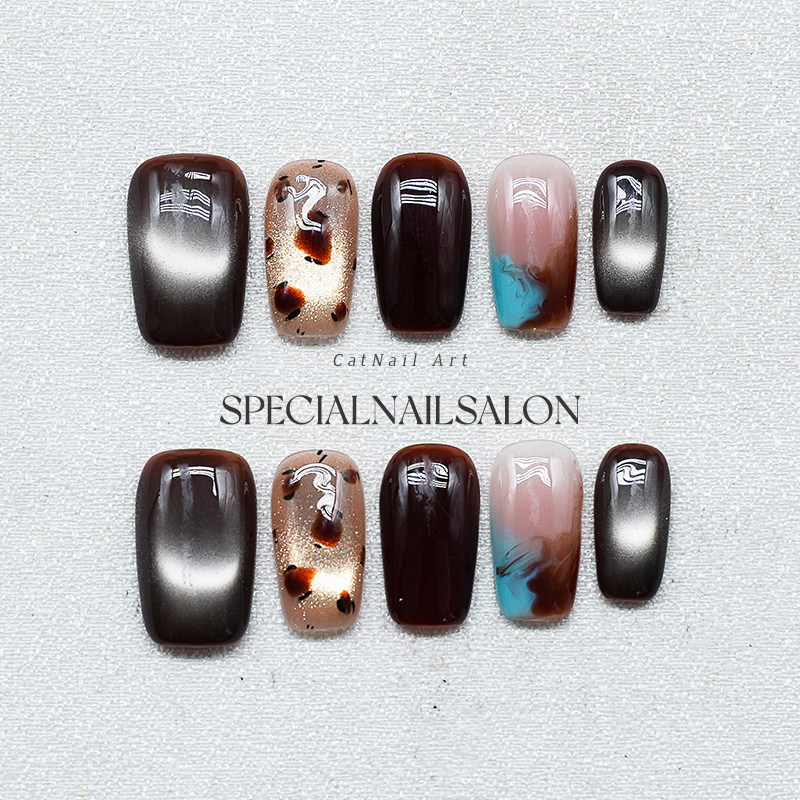 【榛果可可】纯手工穿戴甲秋冬2025新款豹纹巧克力色猫眼美甲贴片