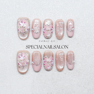 【妙笔生花】纯手工穿戴甲彩绣花卉高级感2025新款温柔显白美甲片