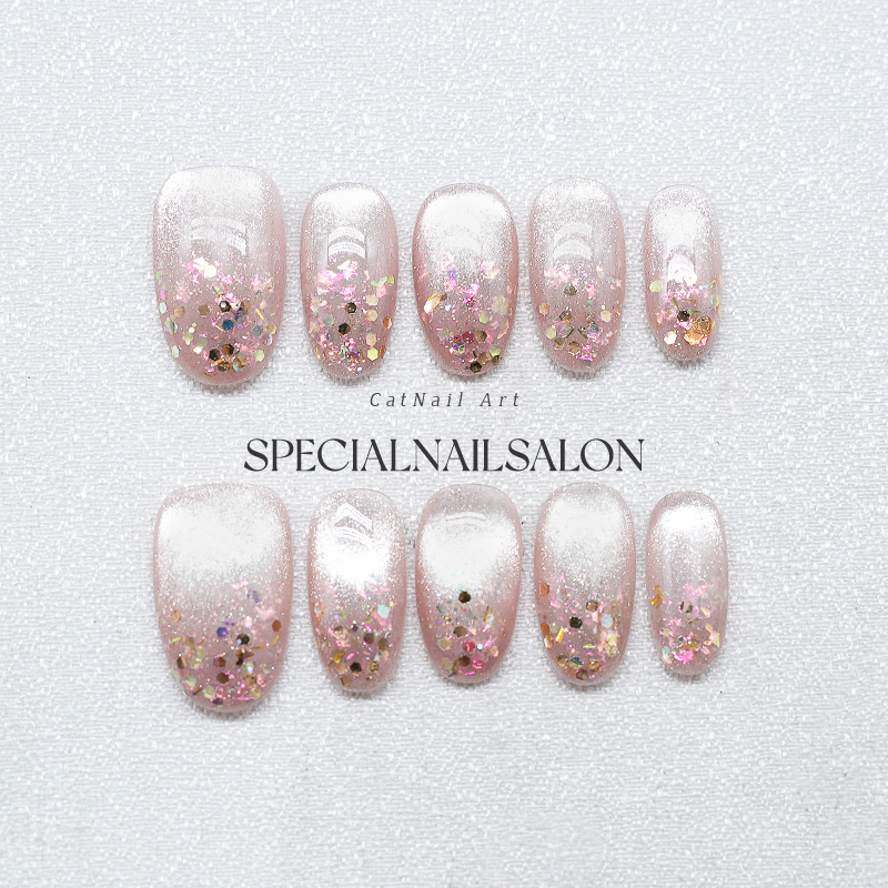 【樱花雨落】纯手工穿戴甲爆闪亮片猫眼美甲2025新款显白指甲贴片