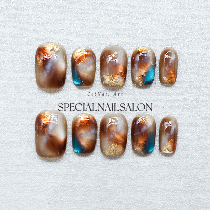 【余烬与海】纯手工穿戴甲秋冬新款晕染琥珀金箔高级感轻奢美甲片