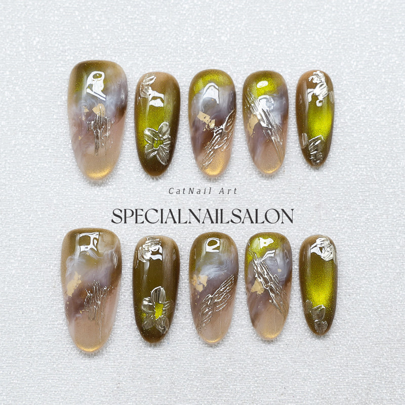 【暮林画意】纯手工穿戴甲晕染金箔花卉高级感轻奢显白美甲指甲片,彩妆/香水/美妆工具,穿戴甲/甲片,淘宝优惠券,粉丝福利购,淘宝优惠卷