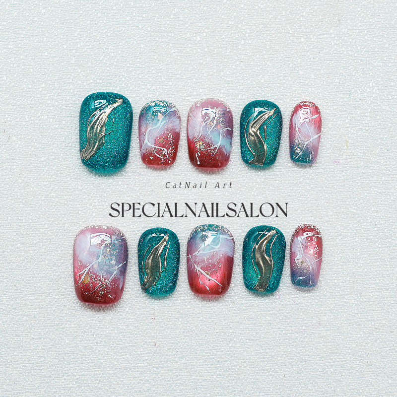 【湖畔时月】手工款穿戴甲高级感轻奢红蓝撞色晕染金箔异域风美甲,彩妆/香水/美妆工具,穿戴甲/甲片,淘宝优惠券,粉丝福利购,淘宝优惠卷