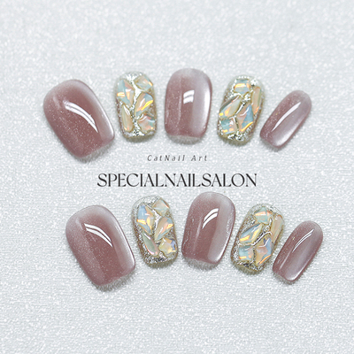 【日落金沙】粉色猫眼穿戴甲爆闪高级钻轻奢显白网红爆款美甲贴片