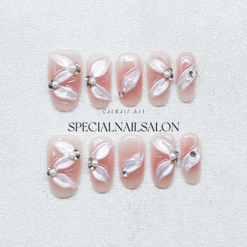 【白纱羽落】纯手工穿戴甲飘带裸粉色纯欲风温柔显白高级感美甲片