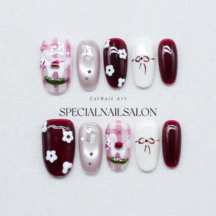 【马上有喜】纯手工穿戴甲可爱马年新款小花蝴蝶结高级感美甲贴片