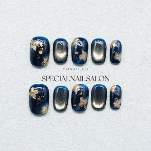 【金沙流萤】纯手工穿戴甲金箔深海蓝猫眼高级感显白成品美甲贴片