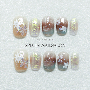 【花舞蝶梦】纯手工穿戴甲盛夏冰透晕染手绘蝶花高级感显白美甲片