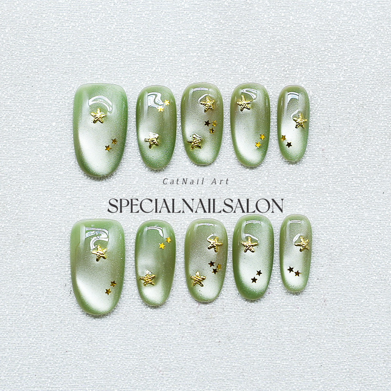 【破晓星芒】纯手工穿戴甲清冷感绿色五角星猫眼气质显白美甲贴片,彩妆/香水/美妆工具,穿戴甲/甲片,淘宝优惠券,粉丝福利购,淘宝优惠卷