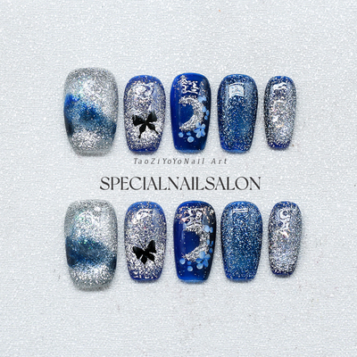 【夜空挽歌】纯手工穿戴甲绝美爆闪蔚蓝色星空猫眼高级感美甲贴片