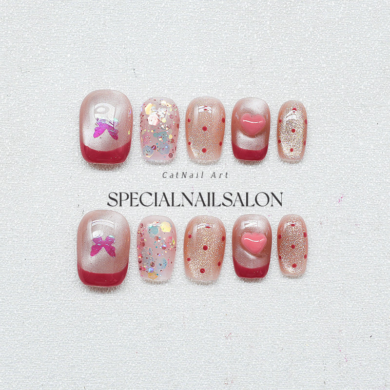 【甜心蝶语】纯手工穿戴甲夏天绝美爱心波点甜美显白美甲2025新款,彩妆/香水/美妆工具,穿戴甲/甲片,淘宝优惠券,粉丝福利购,淘宝优惠卷