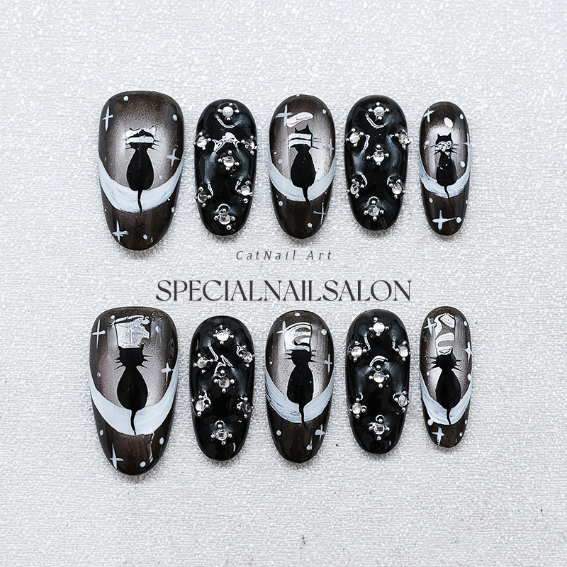 【黑夜喵踪】纯手工穿戴甲暗黑风个性钻饰可爱猫咪高级感美甲贴片,彩妆/香水/美妆工具,穿戴甲/甲片,淘宝优惠券,粉丝福利购,淘宝优惠卷