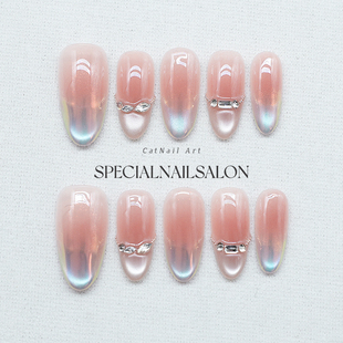 【蓝海之吻】纯手工穿戴甲渐变极光魔镜粉钻饰高级感显白美甲贴片