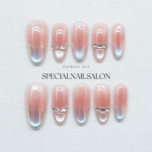 【蓝海之吻】纯手工穿戴甲渐变极光魔镜粉钻饰高级感显白美甲贴片