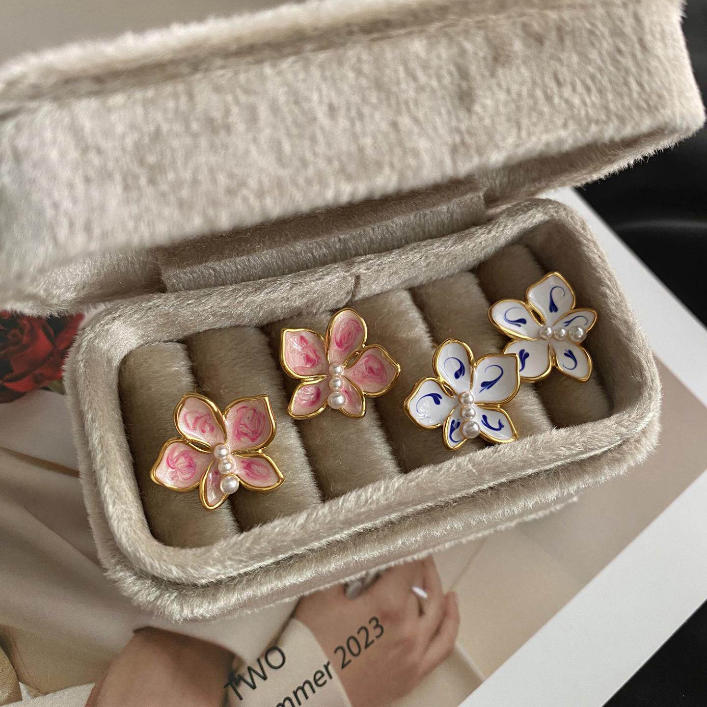 法式甜美青花瓷粉色滴油耳环鸢尾花朵耳钉气质简约百搭高级感耳饰