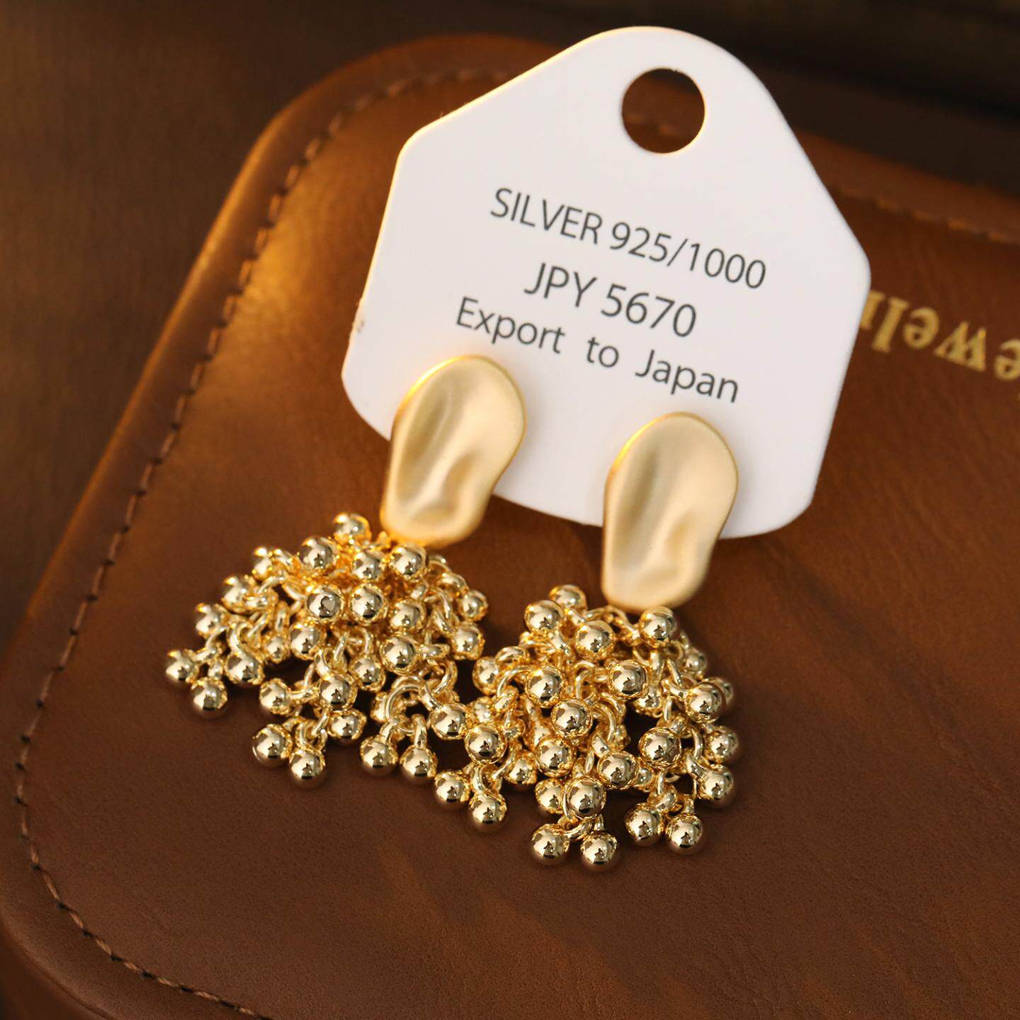 韩国百搭气质金属球球14K金流苏耳环女时尚轻奢风哑金耳钉耳饰