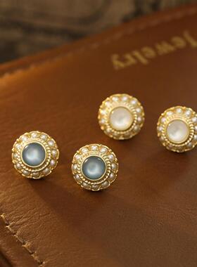 宫廷复古风简约蓝色猫眼石耳钉赫本风优雅小巧精致耳环925纯银针