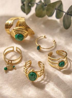 法式ins宫廷风椭圆形天然石戒指 简约可调节不锈钢开口指环不掉色