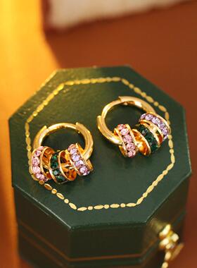 春和景明洛奇爆款复古三色彩钻圈圈耳扣洋气轻奢耳环个性小众耳饰