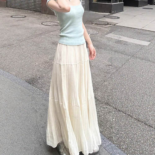 韩系温柔百褶长裙女夏2026新款高腰a字纱裙小个子雪纺蛋糕半身裙
