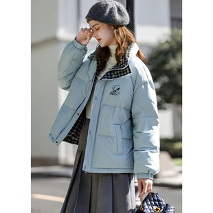 【史努比联名款】唐狮2025冬季短款羽绒服女立领双面穿格子设计感